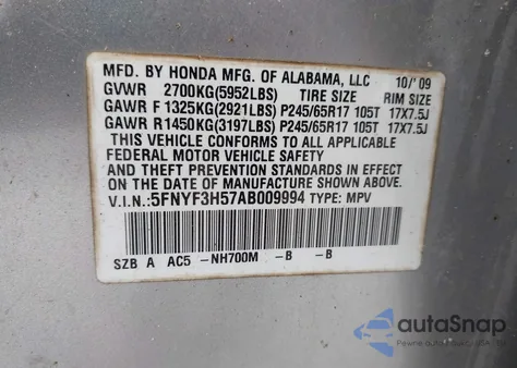 2010 Honda Pilot Ex-L from USA, damaged, VIN 5FNYF3H57AB009994